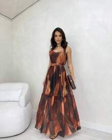 Vestido Moda Evangélica Regata Tule Lançamento - Marrom Claro - Visão 4