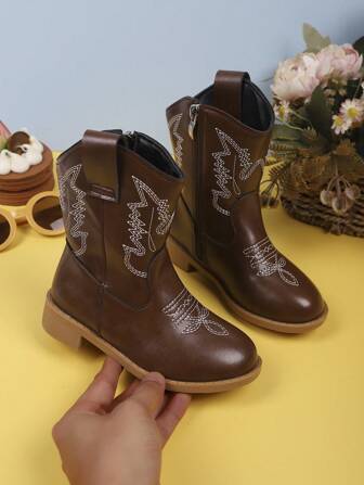 1 Pair Children's Fashion Casual Cowboy Boots, Children's Autumn/Winter Embroidered Mid-Calf Retro Boots, Children's V-Cut Thick Leg Short Boots