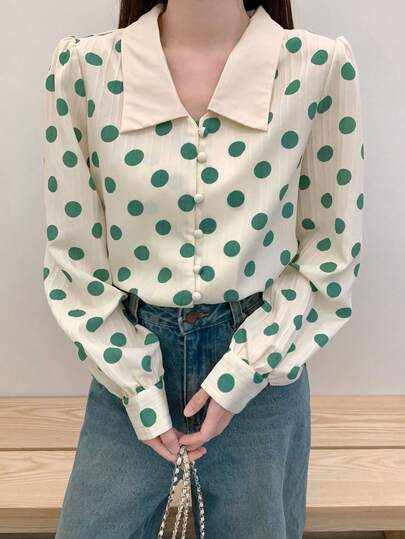 波尔卡圆点泡泡袖衬衫，独特设计复古法式衬衫