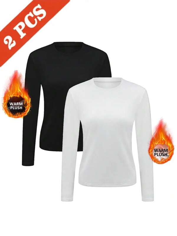 2 Stücke Damen Warme Langarm Rundhals Oberteile, Polyurethan-Mischgewebe mit Elastan, Herbst/Winter Sportbekleidung