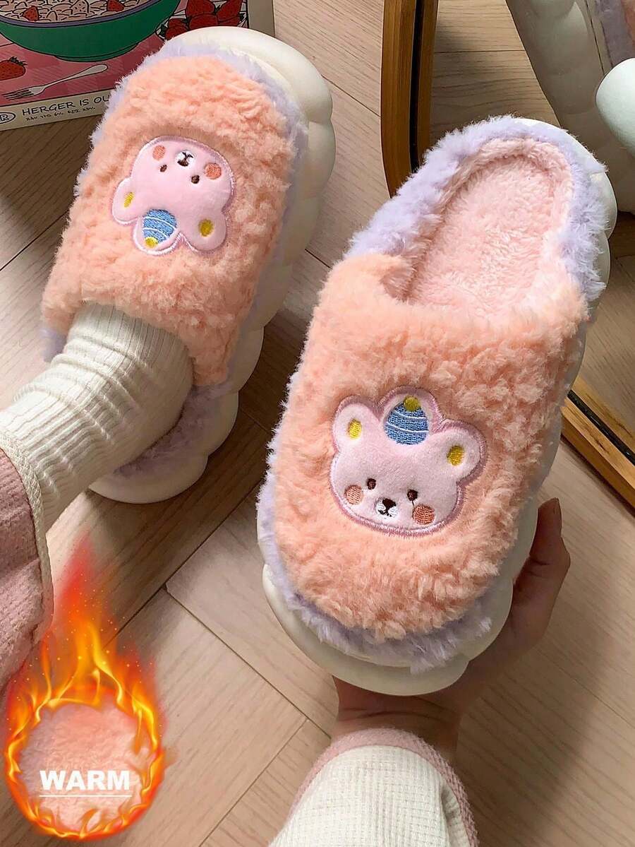2024 Women's Cute Bear Decor Flat Heel Elegant Slippers, Pink Round Toe Minimalist Warm Indoor Slippers For Daily Life, Comfortable Casual Autumn/Winter Couple Unisex Plush Slippers