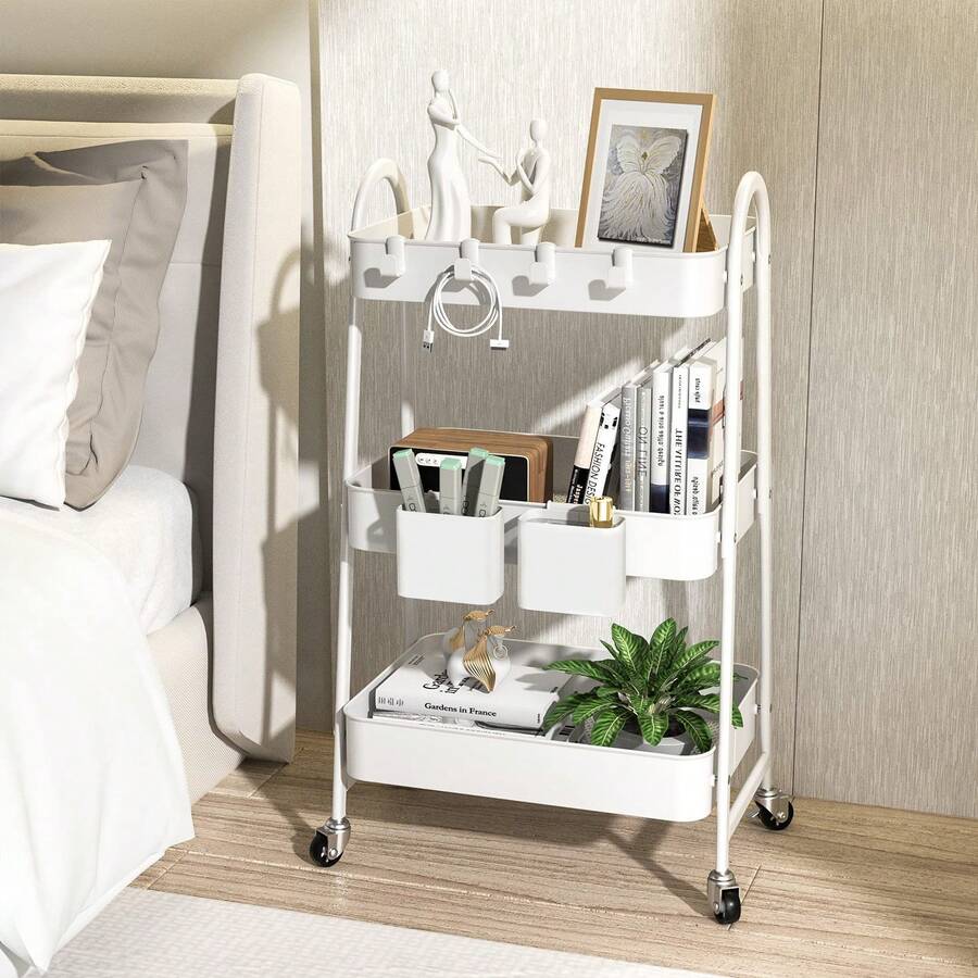 Carrello a 3 ripiani, organizer multifunzionale con ruote, ripiani mobili, maniglie, ruote bloccabili, per soggiorno, bagno, cucina, ufficio. - Bianco - Visualizzare 1