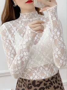 2025 新款性感蕾丝上衣，女式高领蕾丝吊带背心，薄网眼覆层上衣，白色 - 白色 - 查看 1