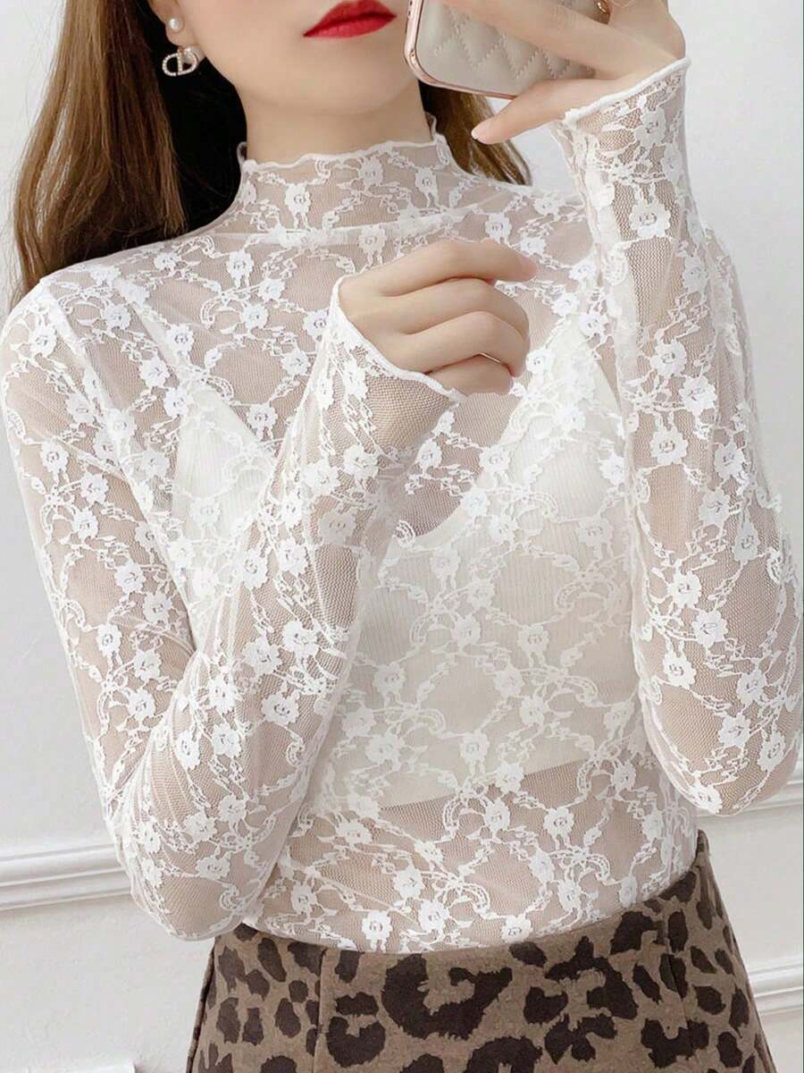2025 新款性感蕾丝上衣，女式高领蕾丝吊带背心，薄网眼覆层上衣，白色 - 白色 - 查看 1