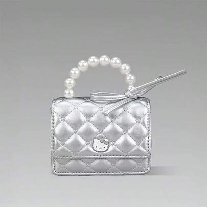  Bolso bandolera de cadena de perlas plateadas MINISO Sanrio Hello Kitty, con patrón acolchado clásico, asa de perlas y distintivo exquisito de Hello Kitty, elegante y versátil, perfecto para salidas diarias y fiestas (1 pieza)