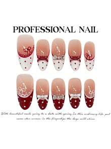 10 件甜美闪亮波尔卡圆点手工按压指甲，带红粉色渐变、水钻镶嵌蝴蝶结蕾丝、法式指甲片、闪亮中长椭圆形假指甲，配果冻胶和指甲锉，适合回到学校浪漫时刻美甲用品 - 紅色 - 查看 5