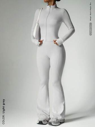 FWH Conjunto de 2 piezas listo para la calle, cintura con control de abdomen + mangas con agujero para el pulgar, de gimnasio a calle, con cierre frontal tipo corsé, pantalones de pierna acampanada con estiramiento en 4 direcciones, cintura antideslizante, chaqueta con detalles de cremallera y pantalones que realzan el trasero, conjunto que aumenta la confianza, chaqueta con cierre frontal y pantalones acampanados, conjunto de 2 piezas para mujer