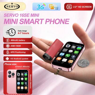 SERVO 16SE Mini Smartphone, Android 9.0, WCDMA Dual SIM, 3G Cellular Network, 3.0" HD Display, 2GB RAM + 16GB ROM, Ultra-Compact Smartphone