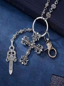 交叉裤链，带龙虾扣吊坠的腰链，钱包链，复古链，双层链，嘻哈朋克风，牛仔裤链，口袋链，男士钥匙链，多元素裤链 - 古銀色 - 查看 4