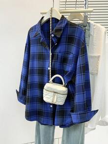 Women's Simple Plaid Print Long Sleeve Shirt, Suitable For Summer, Autumn And Spring - Blue - View 1