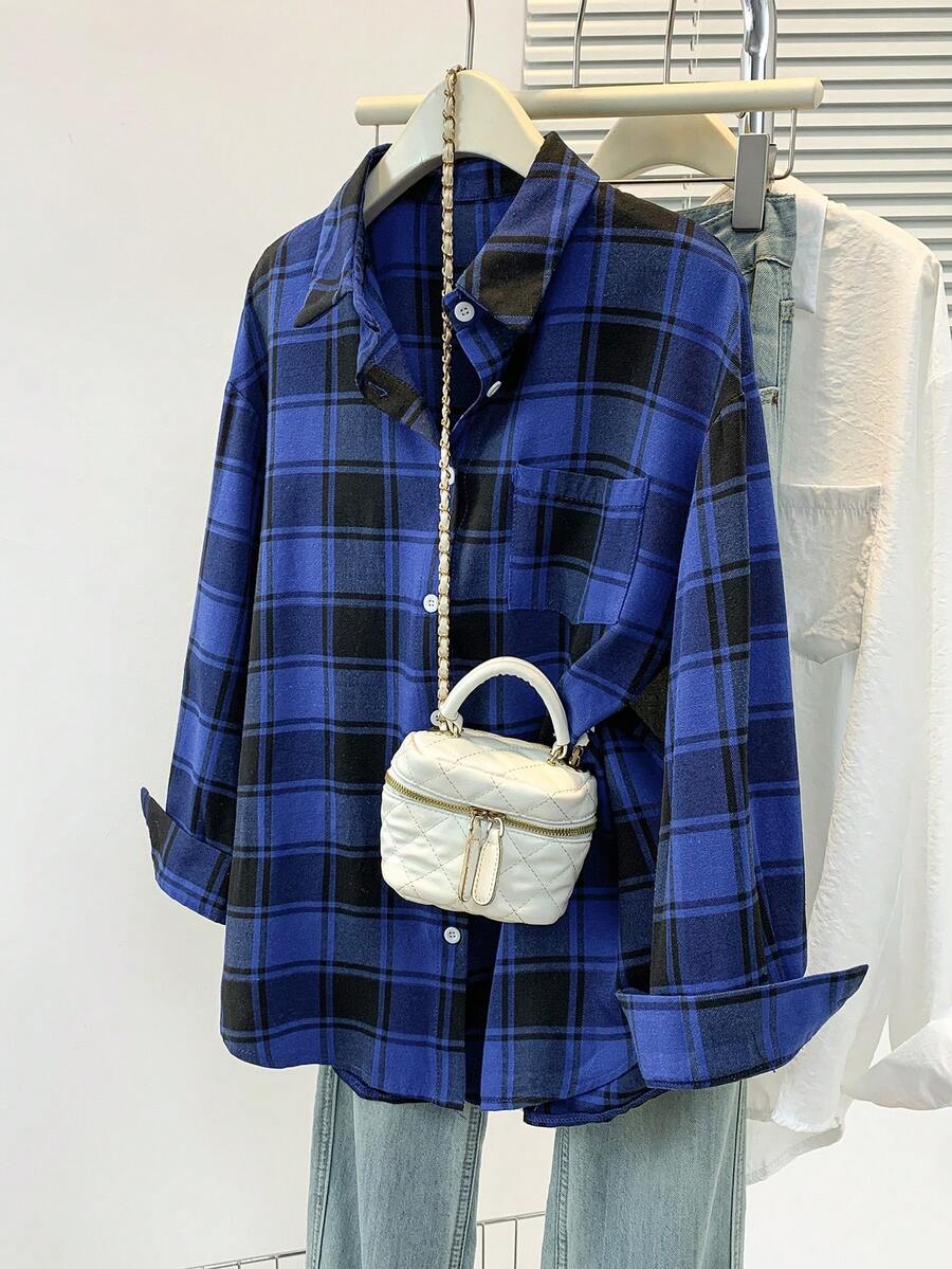 Women's Simple Plaid Print Long Sleeve Shirt, Suitable For Summer, Autumn And Spring - Blue - View 1