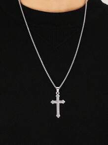 1 件简约水钻不锈钢十字架项链，百搭高端毛衣链，全冰花十字架吊坠项链，欧美日常佩戴 - 彩色 - 查看 8