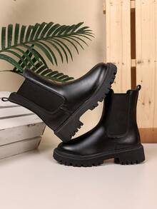 1 双加大码柔软舒适 PU 切尔西靴，适合少女，弹性松紧设计圆头，4.5 厘米厚鞋底，增高，英伦风格短靴，适合休闲、度假、派对、秋冬