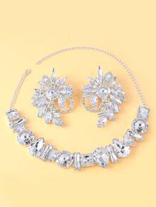3pcs/Set Exaggerated Rhinestone Jewelry Set, Sparkling Necklace & Earrings Design, Women Accessories - Silver - View 14