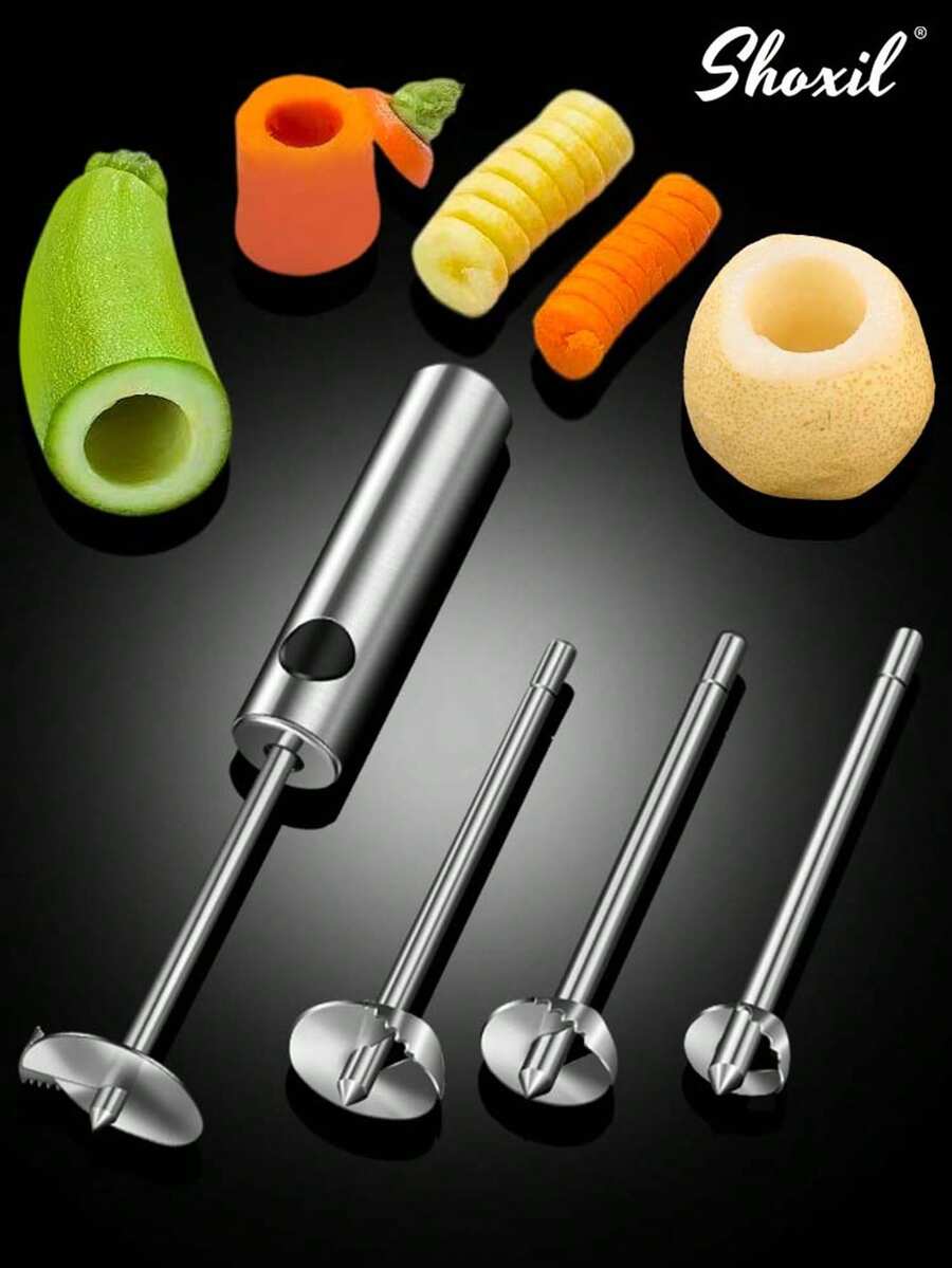 shoxil 4pcs/Set Stainless Steel Vegetable Drill, Fruit Corer And Veggie Spiralizer, Fruit Core Extractor, Kitchen Gadgets, Ergonomic Handle With 4 Sizes For Coring And Hollowing Out Zucchini, Potatoes, Carrot, Apple