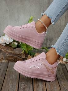 2025 Spring/Autumn New Platform Sneakers For Women, Thick Sole Casual Chunky Sneakers, Rhinestone Hook And Loop High Heel Wedge Sneakers - Pink - View 3