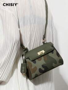CHISIY 1pc Fashion Camouflage Avant-Garde Style Handbag, Green PU With Brown & Dark Green Color Blocking, Suitable For Business, Casual, Front Twist Lock, With Shoulder Strap, Crossbody Bag, Lightweight & Durable, Retro Charm, Elegant & Unique Style For Women, Versatile For Any Occasion