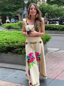 Women's 2 Pieces Large Swing Skirt Fashion Set Print Back Cami Top And High Waist Maxi Skirt For Party Club Nightout Cocktai-S