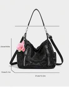 Merlard 复古 2025 纹理大容量时尚百搭单肩包、高端沙滩包、托特包、购物袋、大包、小众纹理手提包、拉链双肩带斜挎包 - 黑色 - 查看 6