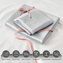 4-Piece Satin Sheet Set Lux Décor Polyester Silky Soft & Breathable – Deep Pocket Fitted Sheet For Home Decor- Graduation Gifts, Home Decor, Sleep Protection For Dorms, Student Beds, Back-To-School Gift, Valentine's Day Bedroom, Spring Bedding Refresh, Guest Room Essentials, Dorm Room Bedding, Premium Bed Linens, Easy Care Sheets, Hypoallergenic Fabric, Year-Round Comfort, Master Bedroom Update, Matching Bedding Set, Hotel Quality Linens, Wrinkle-Free, Cooling Touch, Modern Style - Màu xám bạc - Xem 5