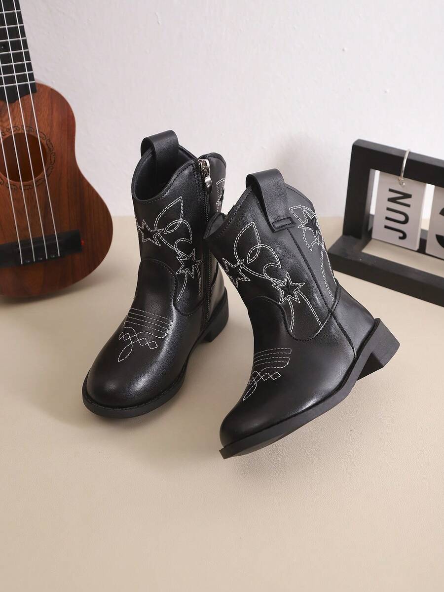 1双儿童时尚休闲牛仔靴，儿童秋冬刺绣中筒复古靴，儿童V型厚筒短靴 - 黑色 - 查看 1