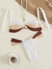 2pcs Elegant Sexy Backless Contrast Color Bikini Swimsuit For Women