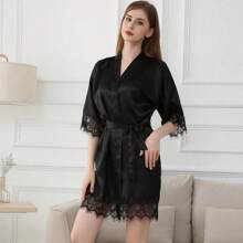 1PC Women's Black New Long Sleeve Casual Comfortable Breathable Sexy Tie Home Bathrobe,Four Seasons Home Bathrobe,Summer Bathrobe,Autumn Bathrobe,Winter Bathrobe