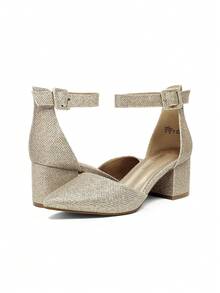 Women's Chunky Closed Toe Low Block Heels Dress Pointed Toe Ankle Strap Wedding Pump Shoes - Vàng lấp lánh - Xem 5
