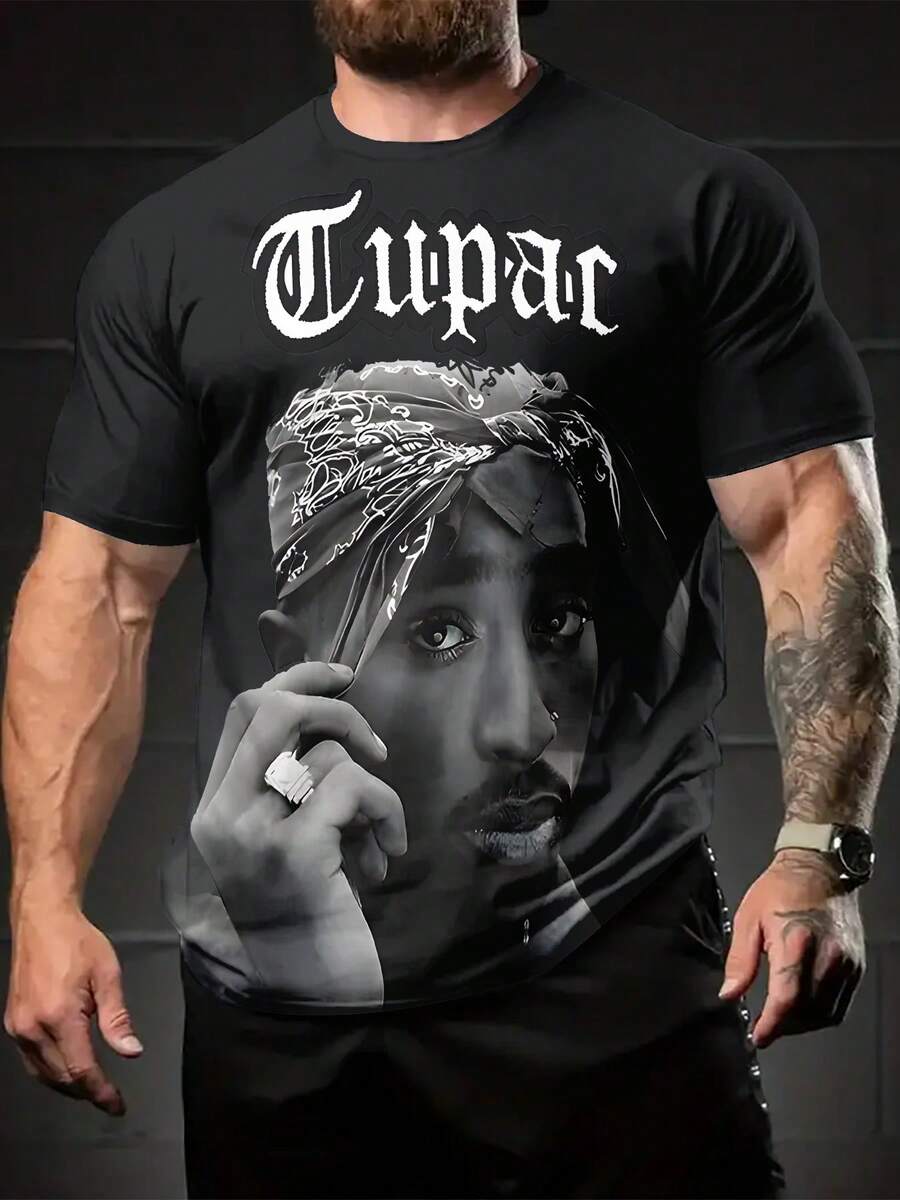New Men's Summer 3D Digital Print  Pattern T-Shirt - Black Casual Short Sleeve Round Neck Top, Breathable And Durable For Daily Wear, Essential For Sports And Concerts, Machine Washable, Perfect Gift, Comfortable Loose Fit, Soft Texture, Street Style,  Printed Shirt, Streetwear - 混合色 - 查看 1