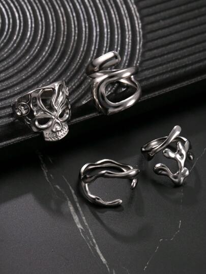Conjunto de 4 anéis vazados minimalistas vintage Y2K em aço inoxidável, tamanho ajustável, presente para homens, namorado, marido, filho, uso diário.