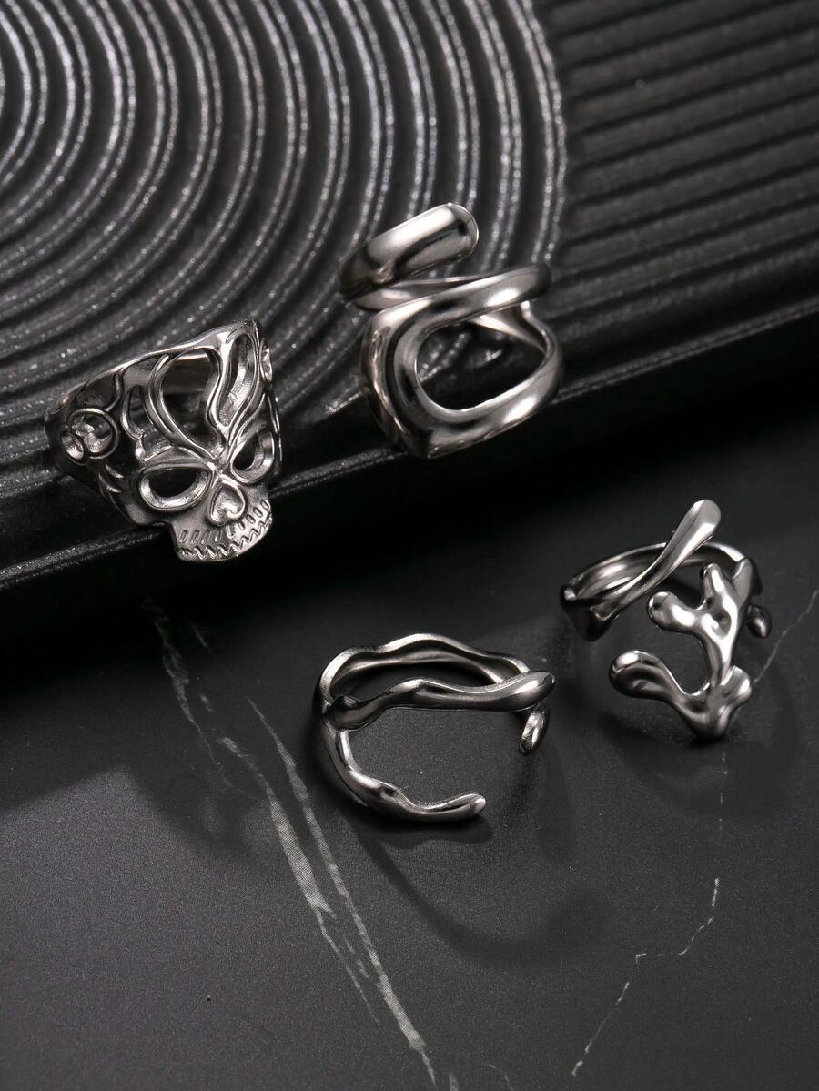 4件套不锈钢Y2K复古极简开口戒指套装，尺寸可调节，男士礼物，适合送给男友、丈夫、儿子，日常佩戴 - 銀色 - 查看 1