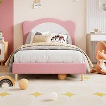 Twin Size Bed Frame For Kids,Upholstered Twin Bed Frame With Adjustable Chic Scallop Headboard, Cute Velvet Princess Platform Bed For Girls/Kids, Solid Wood Slats Support, No Box Spring Needed - Pink + White - View 2