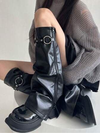 1 双女式哥特风格皮革侧拉链暖腿套、拉链紧身裤朋克靴套