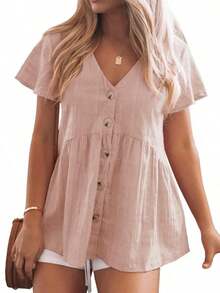Womens Short Sleeve V Neck Button Down Babydoll Peplum Blouse Loose Casual Top - Hồng - Xem 1