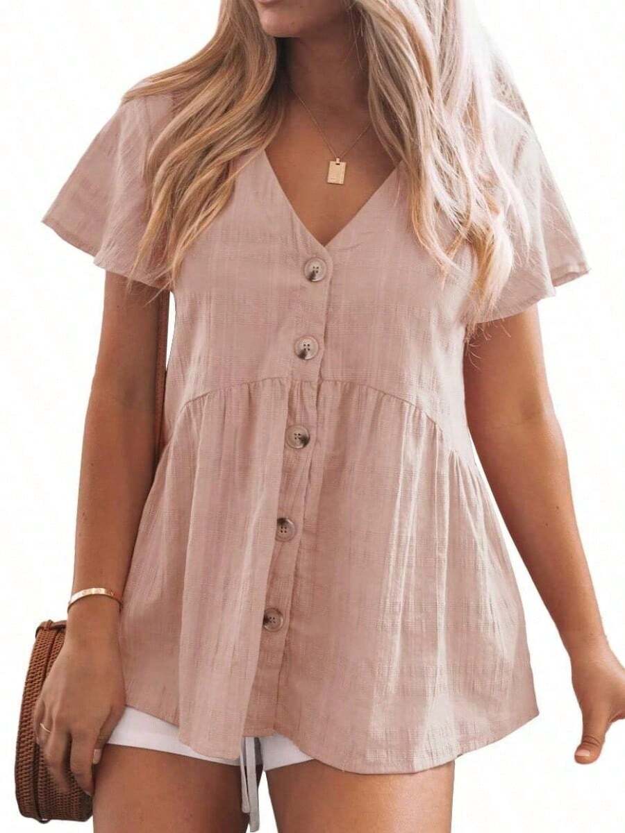 Womens Short Sleeve V Neck Button Down Babydoll Peplum Blouse Loose Casual Top - Hồng - Xem 1