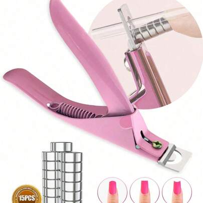 Cortaúñas ajustable rosa con 15 imanes, recortador de uñas, cortaúñas en forma de U de acero inoxidable, adecuado para puntas de uñas artificiales, herramienta de cortaúñas de hoja afilada