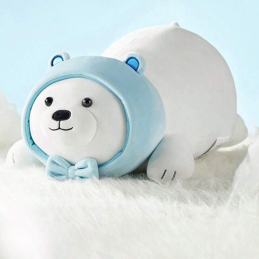 Miniso 1个白色泰迪熊毛绒玩偶,卧姿,柔软舒适,富有弹性,细节精致,可作枕头或装饰品,适合作为生日或节日礼物 - 藍白色 - 查看 1