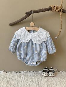 Baby Girl Cute Ditsy Floral Ruffle Collar Bodysuit, Spring/Autumn - Blue - View 2