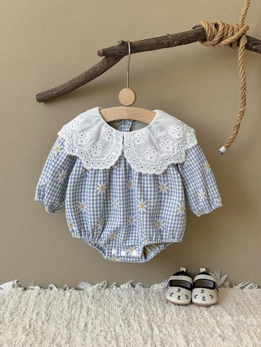 Baby Girl Cute Ditsy Floral Ruffle Collar Bodysuit, Spring/Autumn