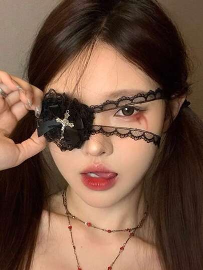1pc Women's Punk Chic Gothic White Lace Heart Eye Mask Decor, Dark Cross Cosplay Accessory, Nurse, Lolita, Witch Makeup Party Necklace Garter, Halloween