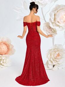 ADYCE 女士露肩亮片长款正式礼服，透视美人鱼高腰开衩露背系带鸡尾酒会晚礼服，新年礼服 - 紅色 - 查看 2
