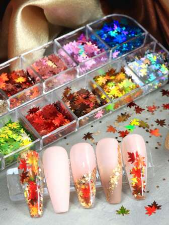 12 件全息枫叶指甲闪粉激光橙红色秋叶美甲亮片配件美甲用品指甲饰品美甲宝石