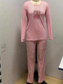 Mirano Slogan Print Short Sleeve Top & Cherry Pattern Long Pants Pajama Set - Hot Pink - View 1