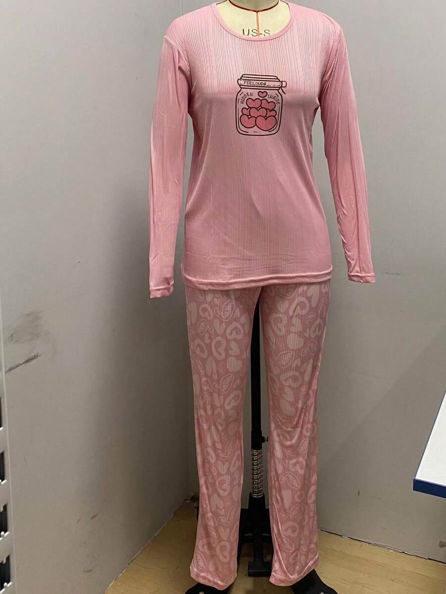 Mirano Slogan Print Short Sleeve Top & Cherry Pattern Long Pants Pajama Set - Hot Pink - View 1