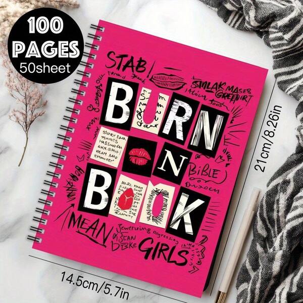 1 pieza Cuaderno de espiral rosa tipo diario "Libro de quemados" para niña, cuaderno de espiral, 100 páginas (50 hojas), suministros de oficina y escolares, regalo perfecto para amigos y compañeros de trabajo