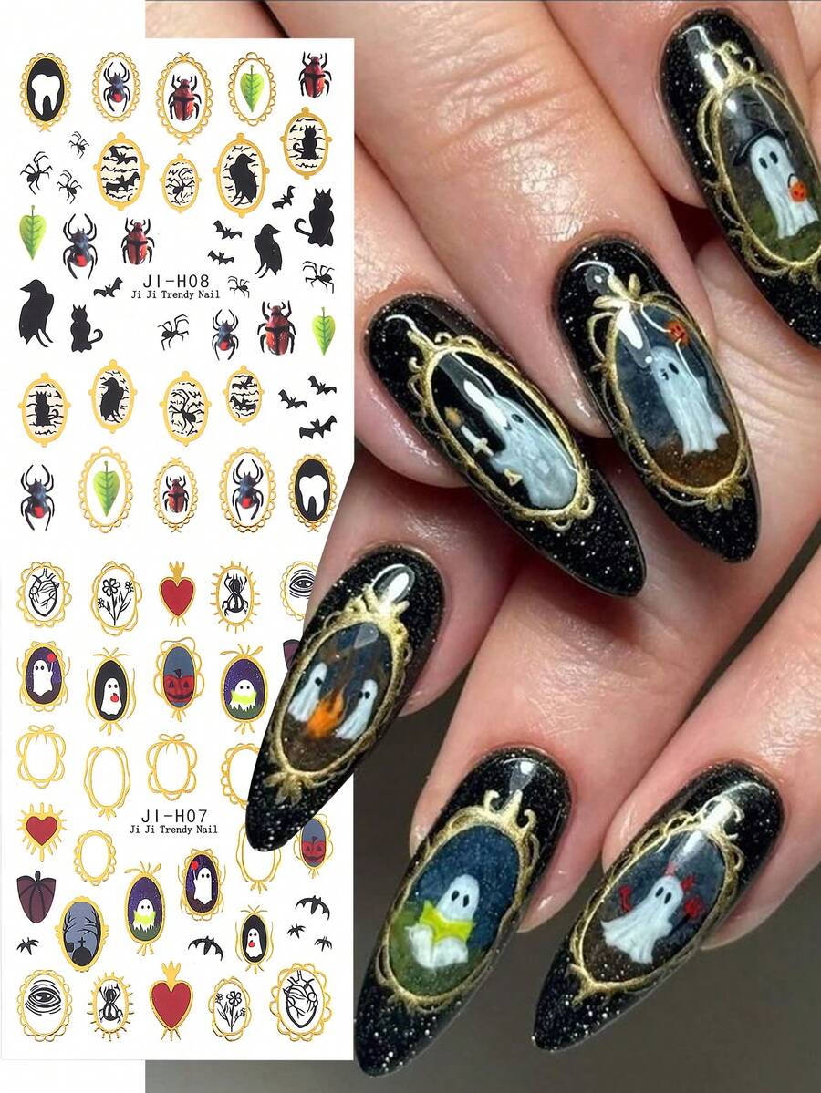 Halloween Nail Stickers, Patterns Include Ghosts, Bats, Insects, Spiders, Asymmetric Geometric Border Design, Gold Hollow Pattern, Suitable For Women DIY Nail Salon, Halloween Decoration - 彩色 - 查看 1