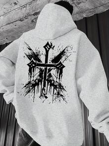 Vintage Retro College Style Fleece Drawstring Hoodie With Kangaroo Pocket Pullover Sweatshirt - Black - View 3