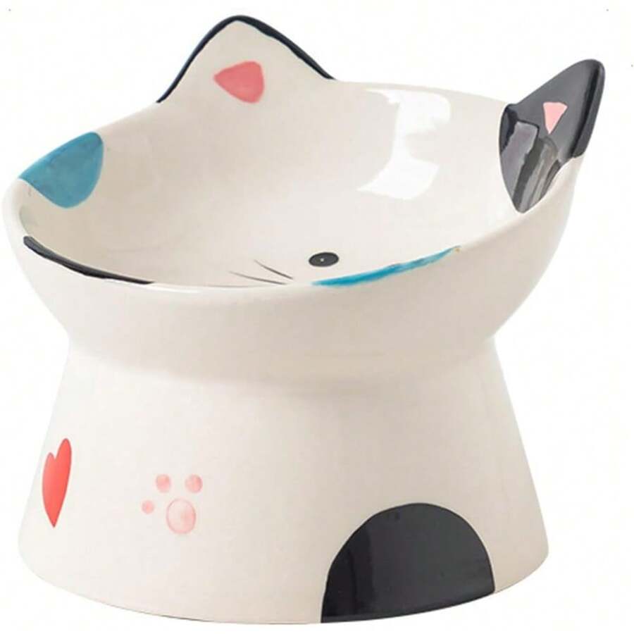 Cute Ceramic Raised Cat Bowls Elevated Design, 15° Tilted FeederProtect Cat's Spine A.Nti Vomiting Blow For Flat Faced Cats, Kitten Small Dogs,Raise Tilted Cat Food Bowld Pet Dishes(Black) - 黑色 - 查看 1