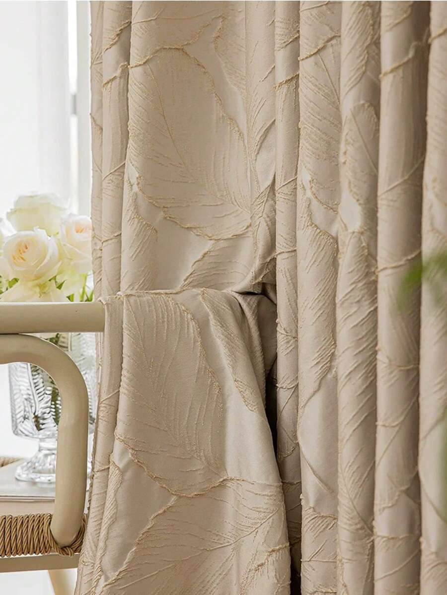 Cirelle 1片米色浮雕葉紋遮光窗簾,適用於豪華別墅客廳、臥室窗戶