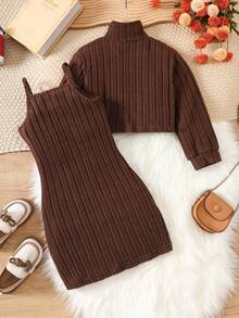 2pcs Girls Solid Ribbed Knit Cover Up + Cami Dress Casual Set